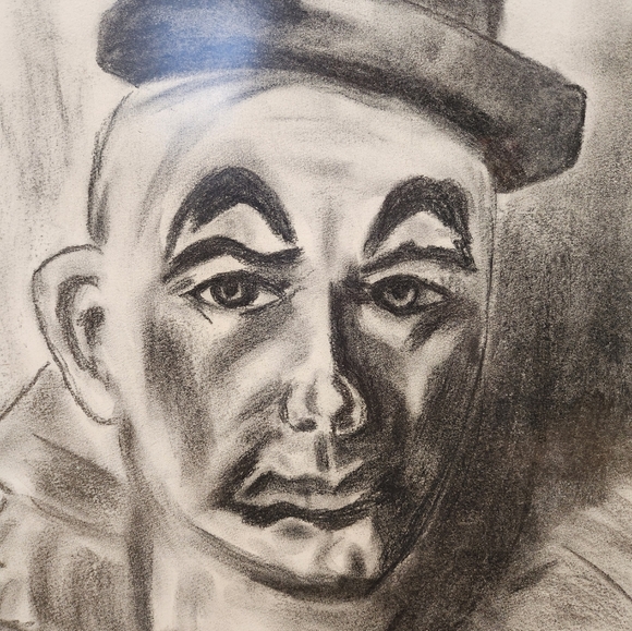 Mid Century Original signed clown charcoal portrait, framed 25 x 20 - Picture 5 of 5